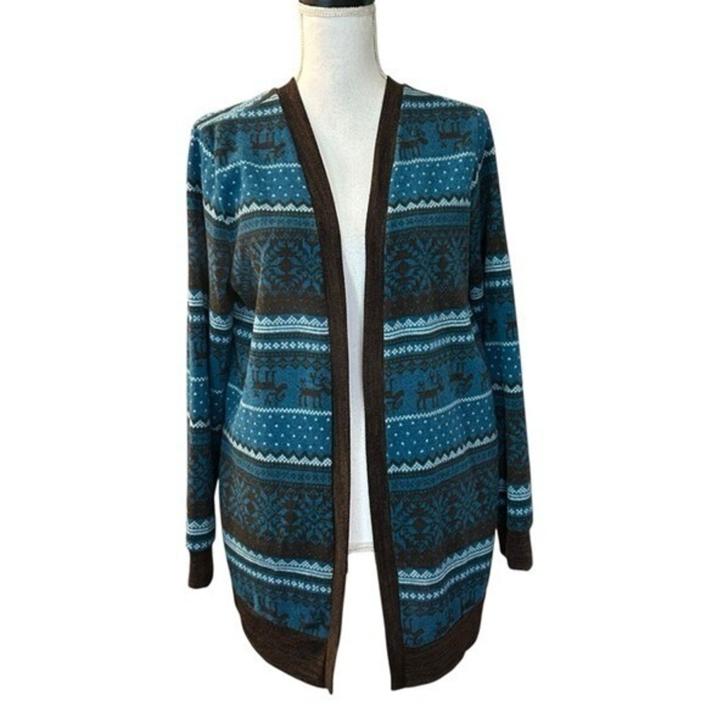 HONEYME Fair isle Open Front Cardigan Sweater Women's Sz Medium in Blue Grey NEW